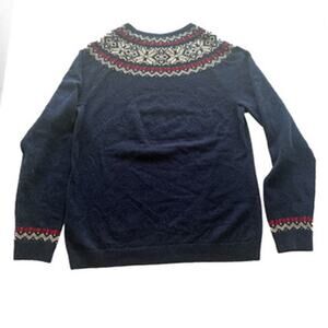LL Bean 100 Cashmere Vintage Medium Petite Fair Isle Snowflake Navy Sweater